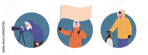 Isolated composition avatar with happy polar explorer cartoon characters engaged in scientific work