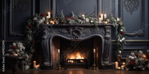 Fireplace in a Victorian Christmas ambiance.