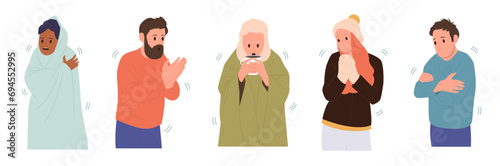 Freezing people characters drinking warm coffee or tea, trembling, wrapping in clothes or blanket