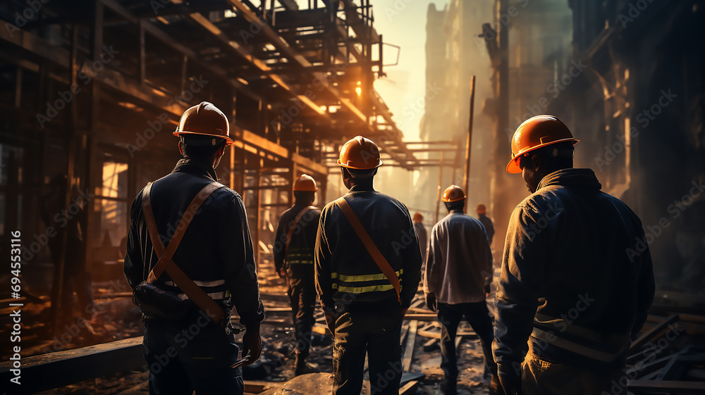 Safe and Productive Construction Site with Workers Wearing Safety Helmets Safe and Productive Construction Site with Workers Wearing Safety Helmets