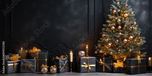 Festive interior with black wall, garlands, lit fir tree, and gifts for Christmas and New Year.