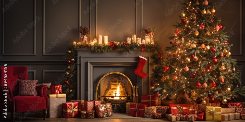 Festive home decor with tree, presents, and fire.