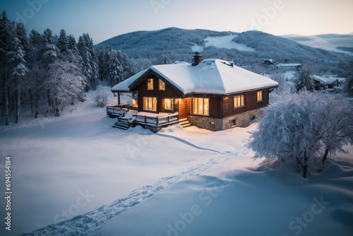 "View of house on snow covered land."