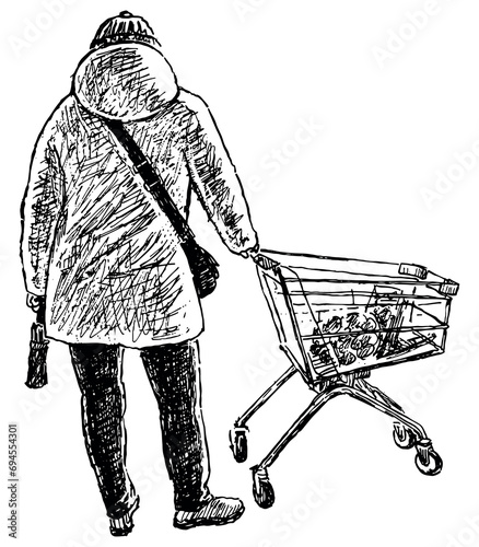 Hand  drawing of casual city dweller standing with grocery basket 