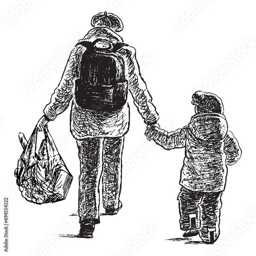 Hand drawing of elderly woman with little child and full grocery bag walking down street