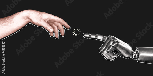 Robot and human hand in retro collage style with halftone. Vector illustration, artificial intelligence concept. photo