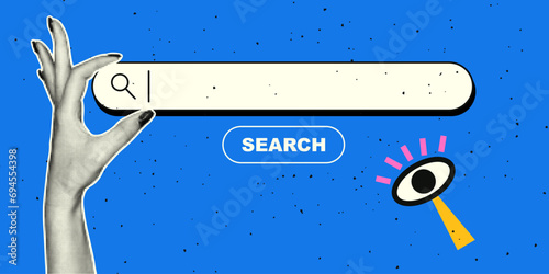Search bar in retro collage style. Hand with halftone effect. Vector retro modern illustration with dots in pop art style.