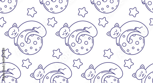 Seamless pattern with sleeping cats on the moon. Vector background in line art style, doodle illustration.