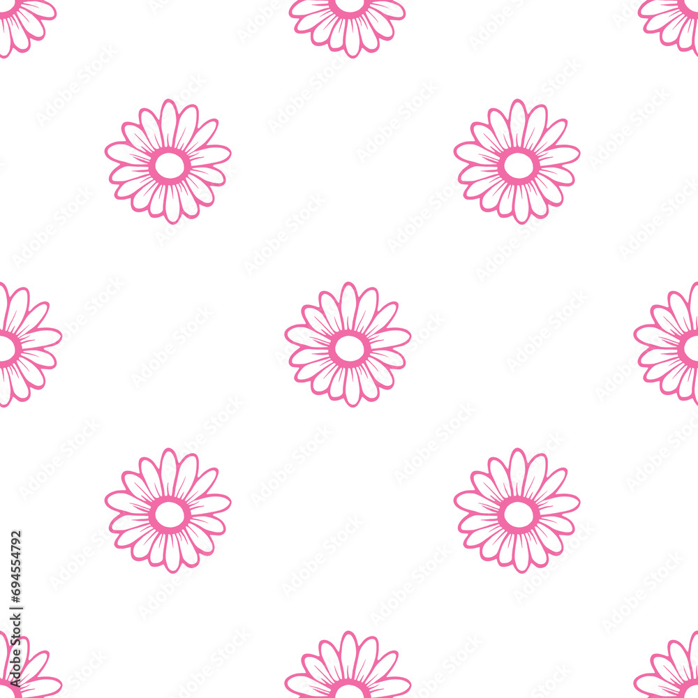 Daisy flower seamless on background illustration. Pretty floral pattern for print. Flat design.