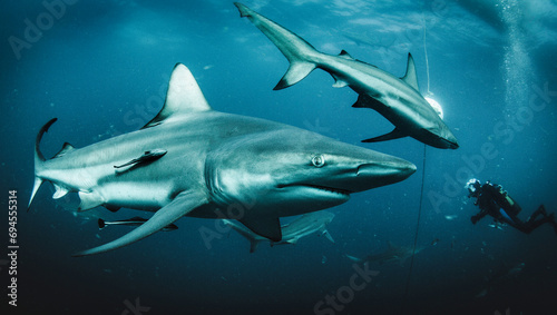 Blacktip ocean shark swimming in tropical underwaters photo