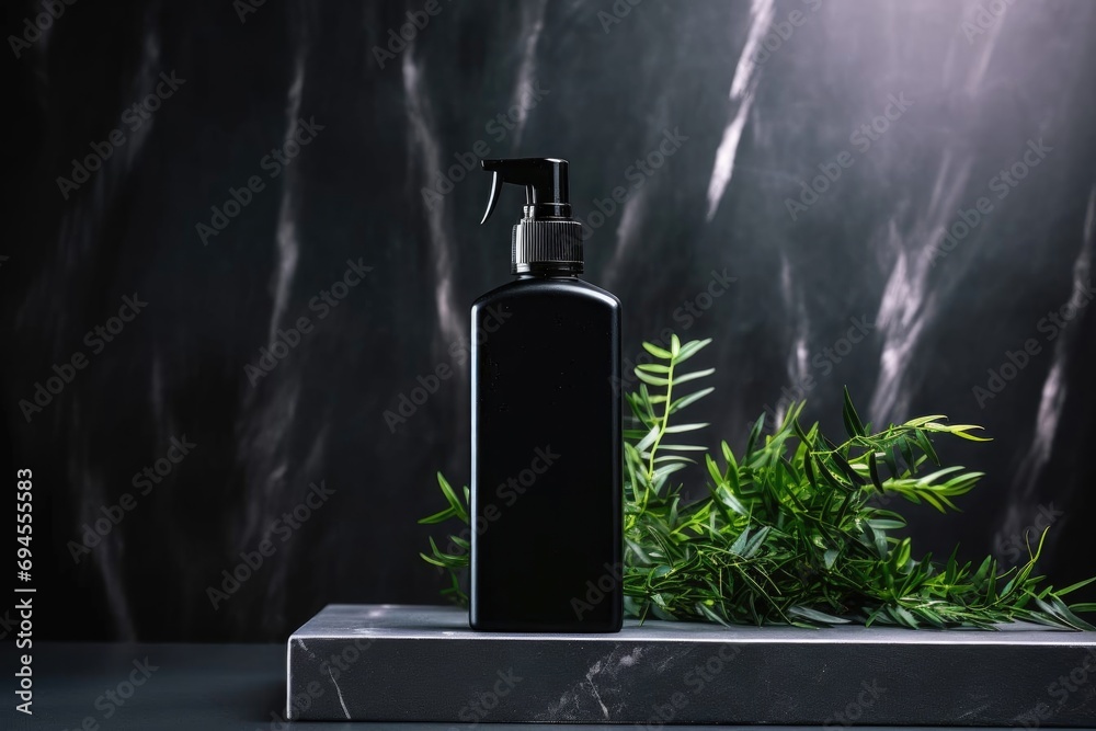 A sleek matte black plastic bottle with a pump dispenser on a marble countertop, reflecting an elegant and modern design. Perfect for beauty, skincare, and personal care products A sleek matte black plastic bottle with a pump dispenser on a marble countertop, reflecting an elegant and modern design. Perfect for beauty, skincare, and personal care products
