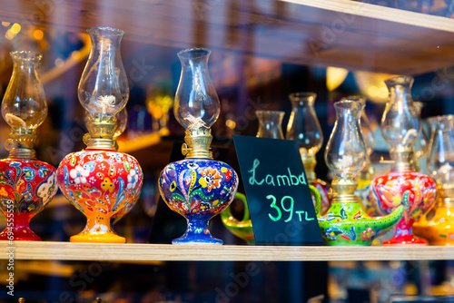 Traditional handmade colorful turkish lamps in Grand Bazaar souvenir shop, Istanbul, Turkey photo