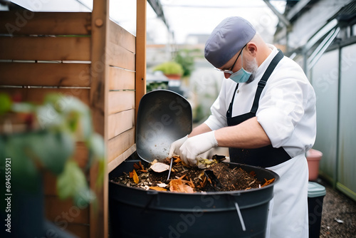 chef preparing organic waste into compost bin