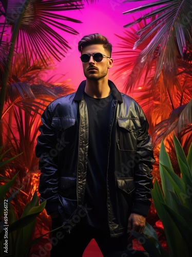 young male model wears a black jacket with a tropical leaf background, studio shoot, young man fashion clothing, winter collection, 