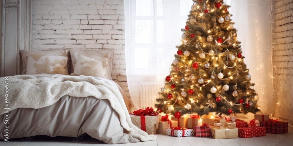 Christmas tree adorned in a bedroom with beauty