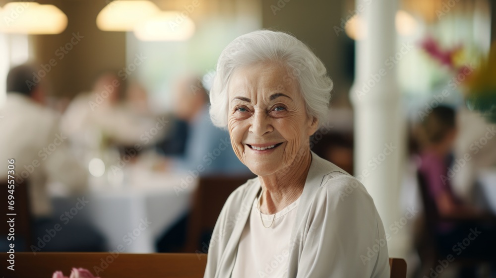Obraz premium elderly woman smiling while inside a nursing home, copy space, 16:9