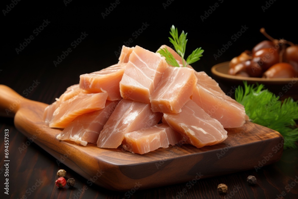Bacon. Salted pork lard, traditional dish of Ukrainian cuisine. Salo. Close up of sliced pork belly served on wooden cutting board. On dark background. Ideal for restaurant menu, food blog, cookbook Bacon. Salted pork lard, traditional dish of Ukrainian cuisine. Salo. Close up of sliced pork belly served on wooden cutting board. On dark background. Ideal for restaurant menu, food blog, cookbook