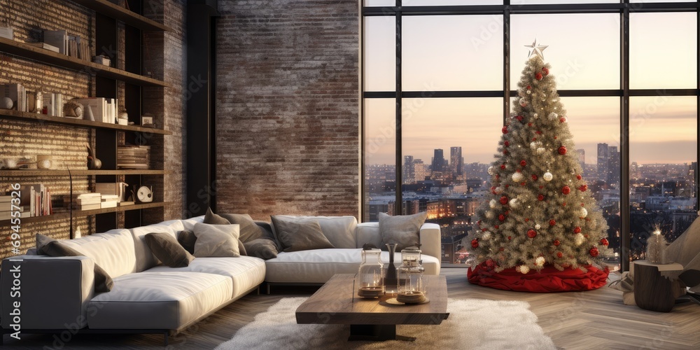 Festive atmosphere at home with a Christmas tree, cozy loft design, and natural daylight.