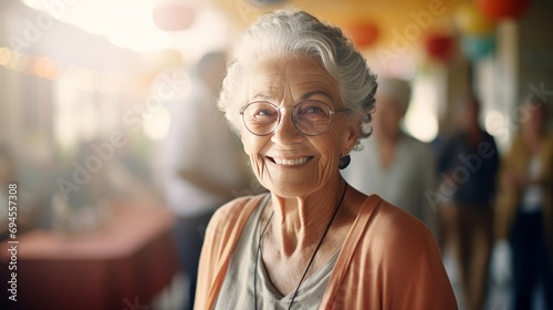 elderly woman smiling while inside a nursing home,  copy space, 16:9
