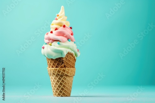 A vibrant multi-colored ice cream Cone with sprinkles against a bright blue green backdrop. Ideal for ads, menus, or summer promotions.