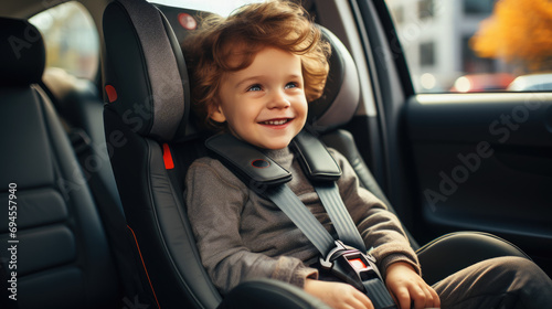 small kid, boy or girl sitting on a child seat in a car, fastened with belts, travel, road trip, traffic rules, safety, smiling baby, technology, passenger, joyful face, emotional portrait, window photo