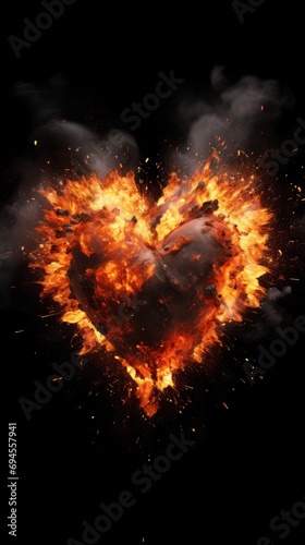 Dynamic and abstract, an exploding heart on black signifies the pain of unhappy love in a striking scene.