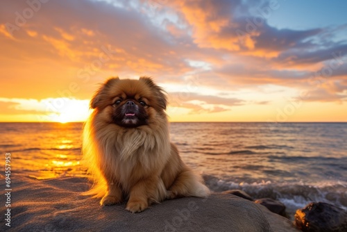 Pekingese dog enjoying a sunset at the beach photo