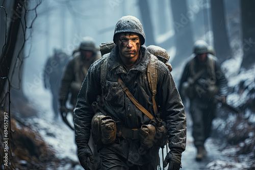 Amidst winter forest drenched in rain and slush, soldiers adorned in complete attire, clutching weaponry and shouldering backpacks, wearily meander along path, exuding somber and exhausted demeanor. photo