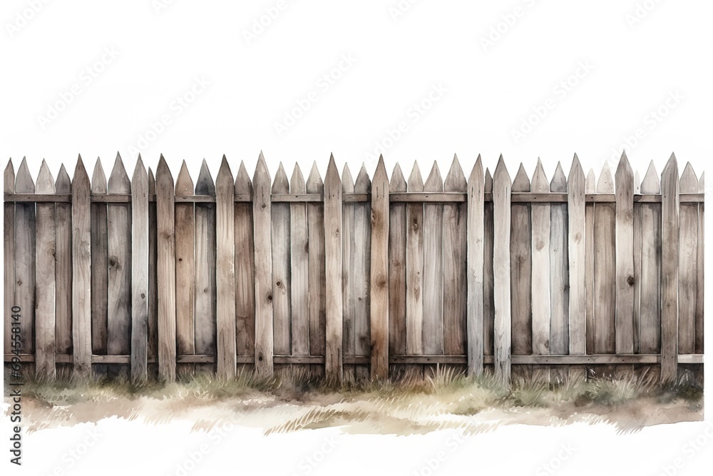 watercolor illustration wooden fence made of planks isolated on white background watercolor illustration wooden fence made of planks isolated on white background