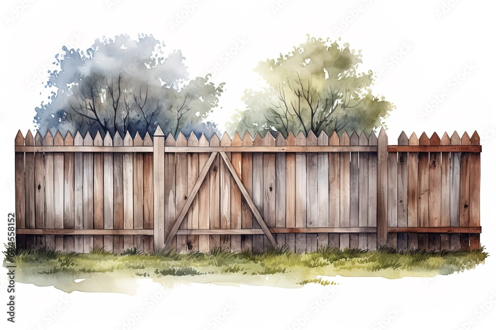 Fototapeta premium watercolor illustration wooden fence with green trees isolated on white background