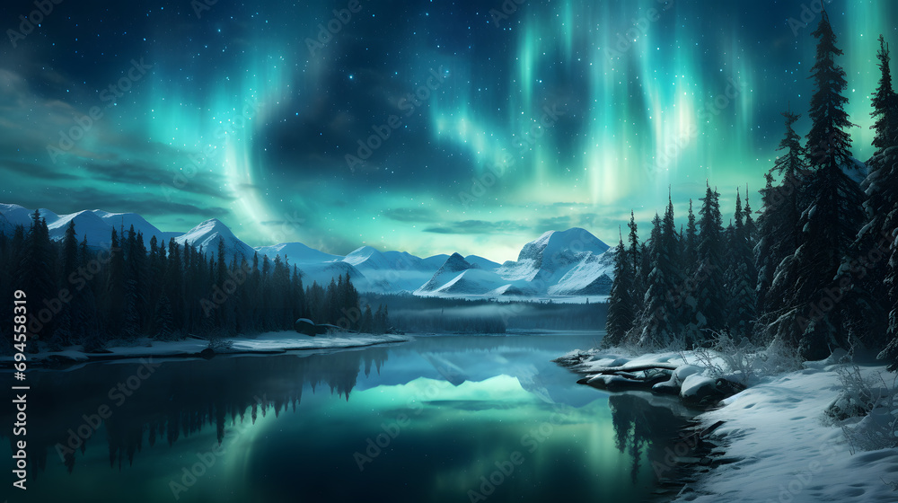 Beautiful landscape of aurora in north pole with the lake, mountain and snow Beautiful landscape of aurora in north pole with the lake, mountain and snow