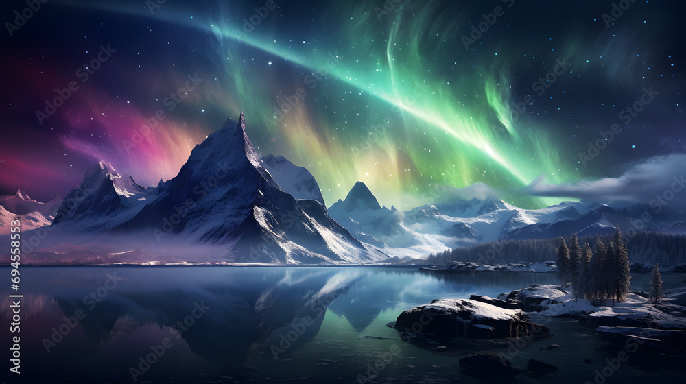 Beautiful landscape of aurora in north pole with the lake, mountain and snow