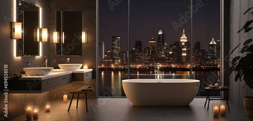 An upscale bathroom setting featuring a luxurious bathtub  contemporary vanity  and ambient lighting