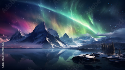 Beautiful landscape of aurora in north pole with the lake, mountain and snow