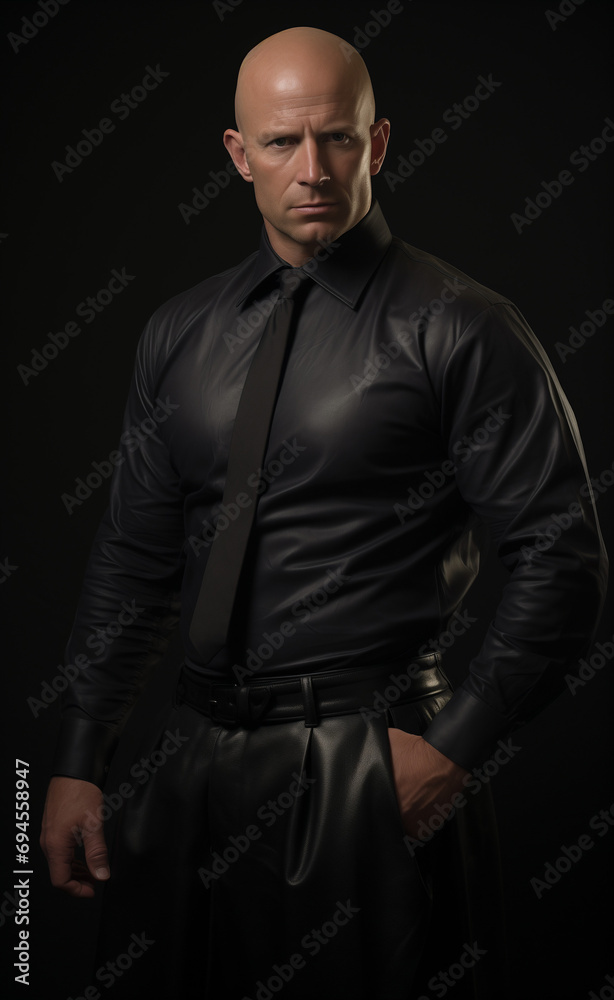 A bald man poses in a black leather suit