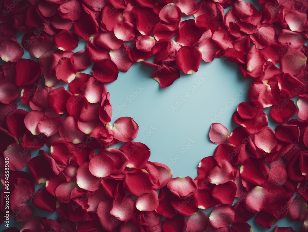 Heart-shaped red rose petal arrangement on a blue background Heart-shaped red rose petal arrangement on a blue background