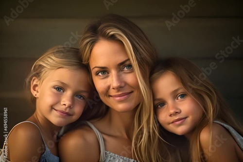 loving moment between a mother and her two daughters, all with bright, engaging smiles and blonde hair, radiating warmth and family affection.