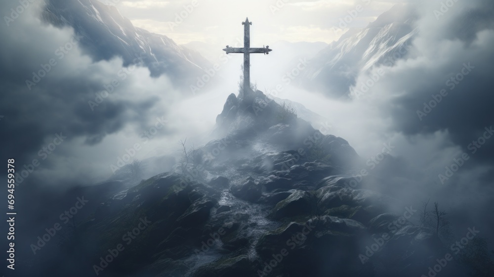 the cross surrounded by clouds and fog - obrazy, fototapety, plakaty 