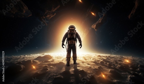 the astronaut walking in the light of the sun