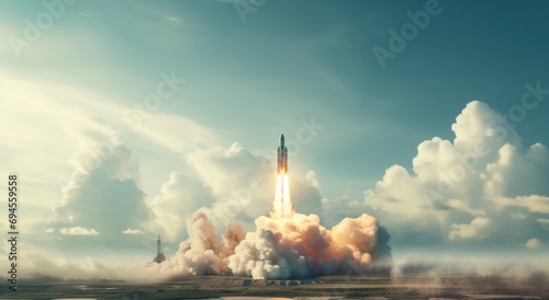 there is a rocket that launch in front of a cloud photo