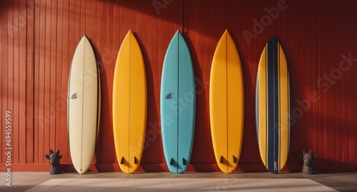three surfboards against a yellow wall