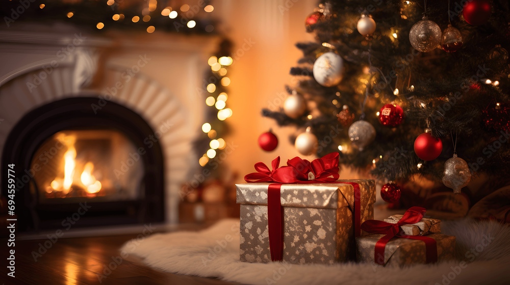 Gift under christmas tree with ornament in interior with fireplace and abstract defocused lights