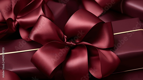Closeup of a burgundy gift ribbon with rich and deep color