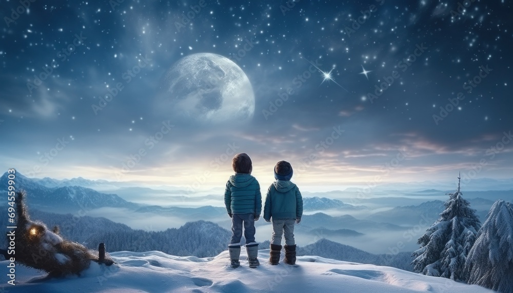 Obraz premium two children standing in the snow watching the moon from the cliff