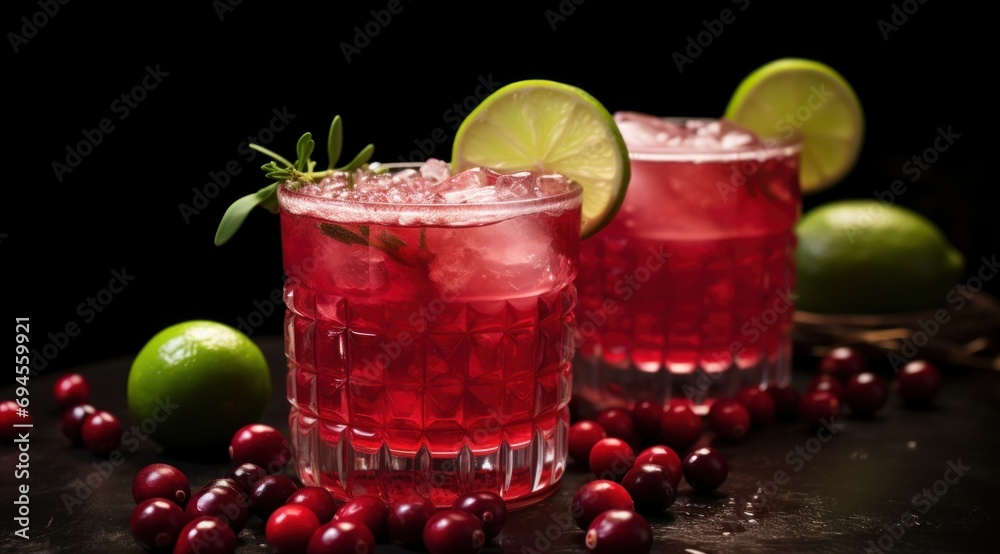 two drinks with cranberries, ginger, lime and lime zes two drinks with cranberries, ginger, lime and lime zes