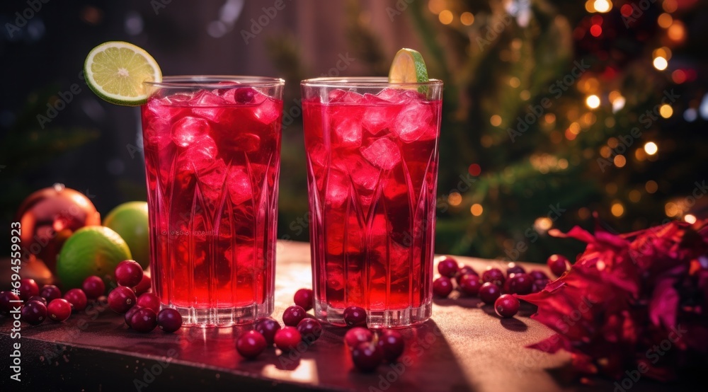 two drinks with cranberries, ginger, lime and lime zes two drinks with cranberries, ginger, lime and lime zes