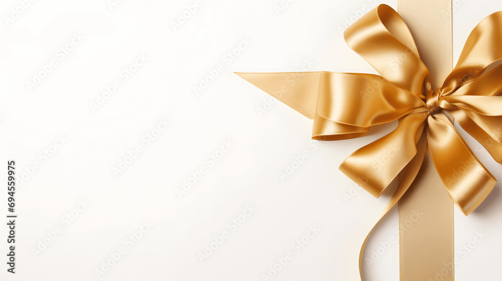 Top view of a shimmering golden gift ribbon on a white surface Top view of a shimmering golden gift ribbon on a white surface
