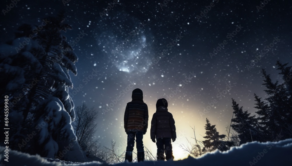 two kids look at the moon in the snow from below