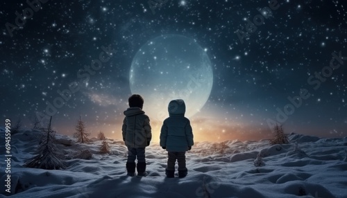two kids look at the moon in the snow from below