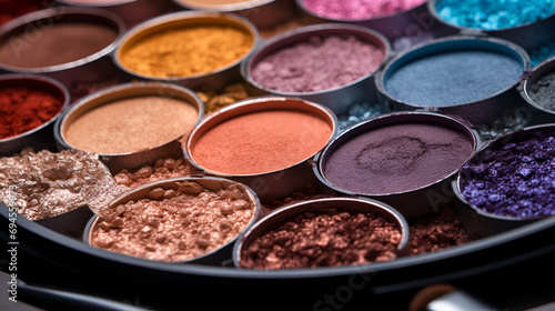 This photo shows an open eyeshadow palette with various colors of eyeshadow. The saturation of the eyeshadows has been adjusted